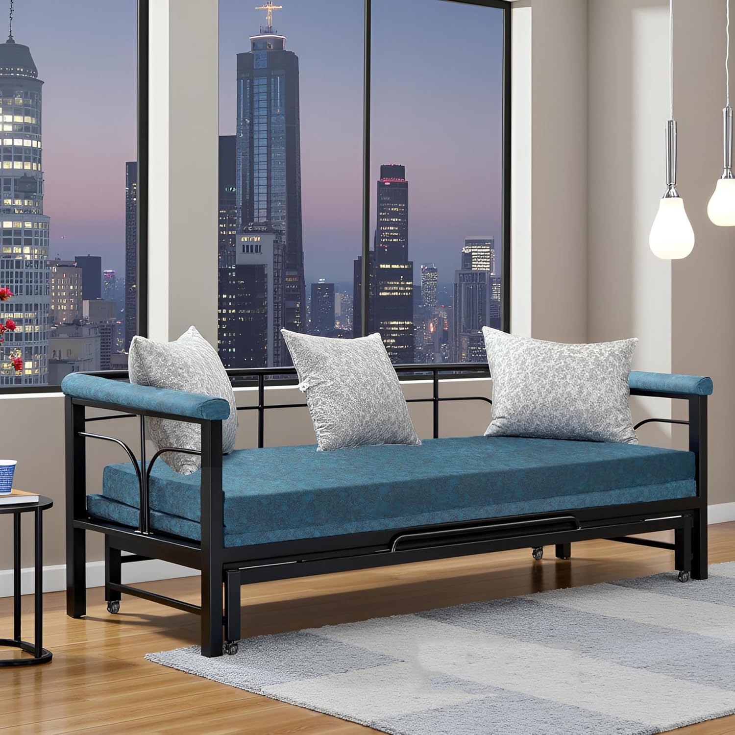 Spacecrafts Folding Diwan Sofa Cum Bed With 3 Pillow | Metal | Pu Foam | For Bed Room & Living Room|Comfort For All With 3-Person Sofa (Blue) - Image 2