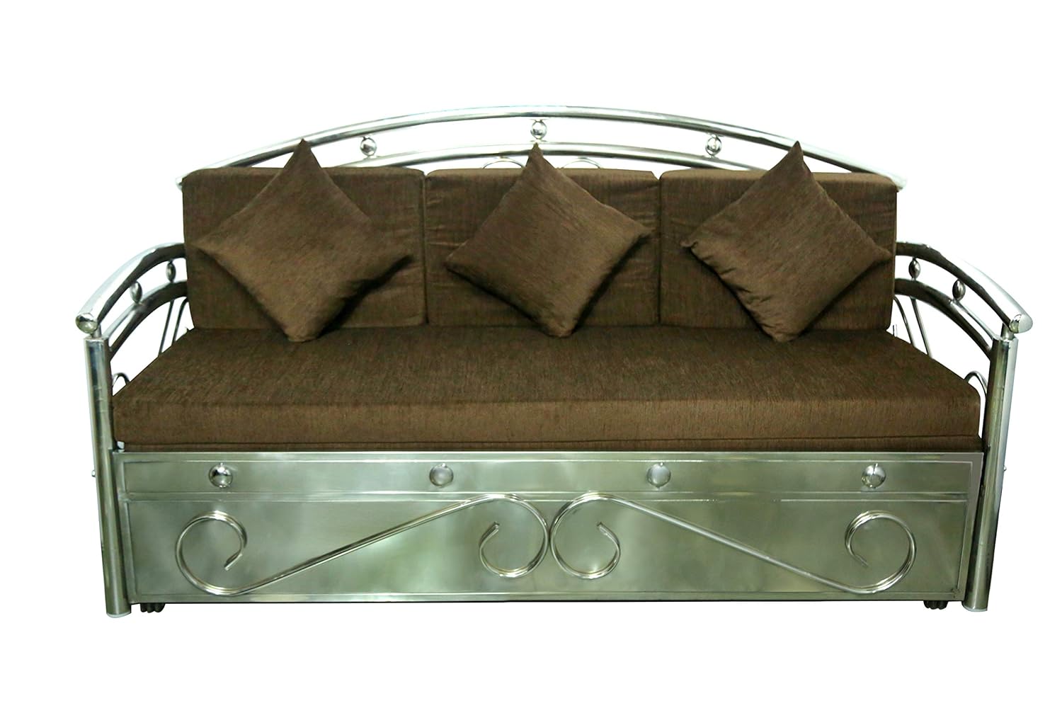 Stainless Steel King Size Sofa Cum Bed with Hydraulic Storage Sofa Cum Bed (Silver, Brown) - Image 2