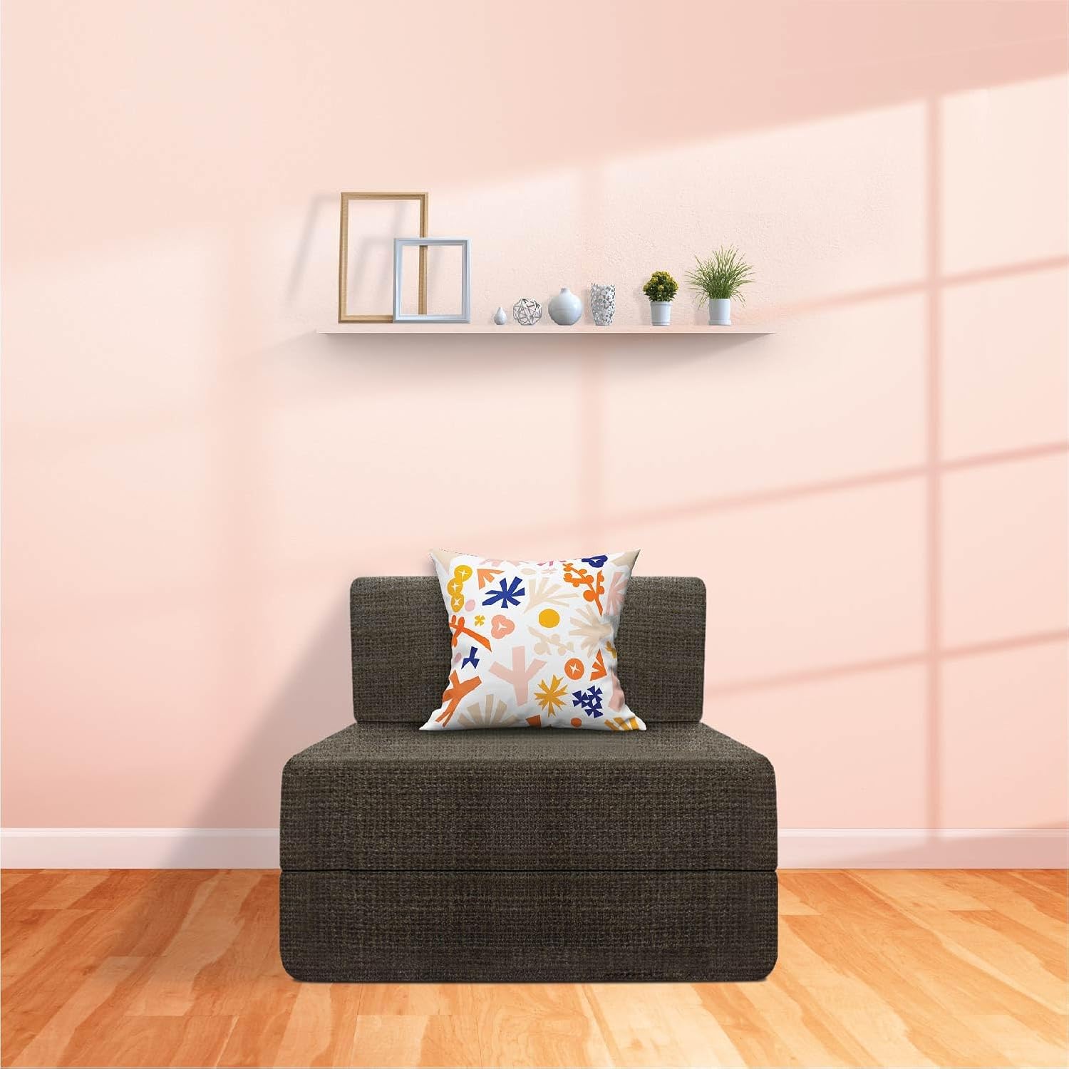 Starlon 1 Seater Sofa Cum Bed | Foldable Sofacum Bed | Jute Fabric Washable Cover Sofa | 3' X 6' Feet | Grey with Floral Pillow - Image 2