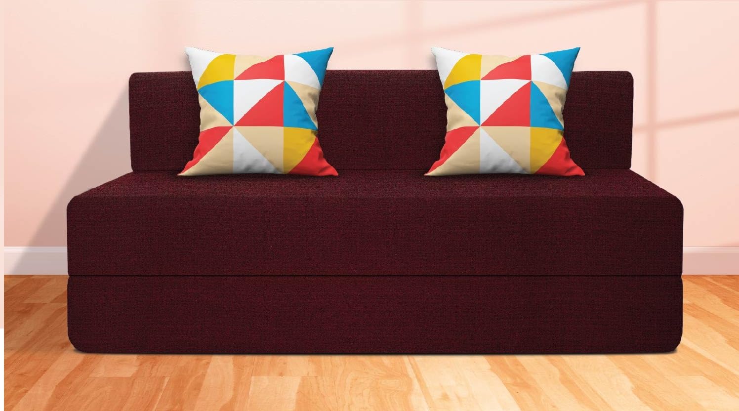Starlon 3 Seater Sofa Cum Bed | Maroon with 2 Geometrical Pillows | Jute Fabric Washable Cover | 5' X 6' Feet - Image 2