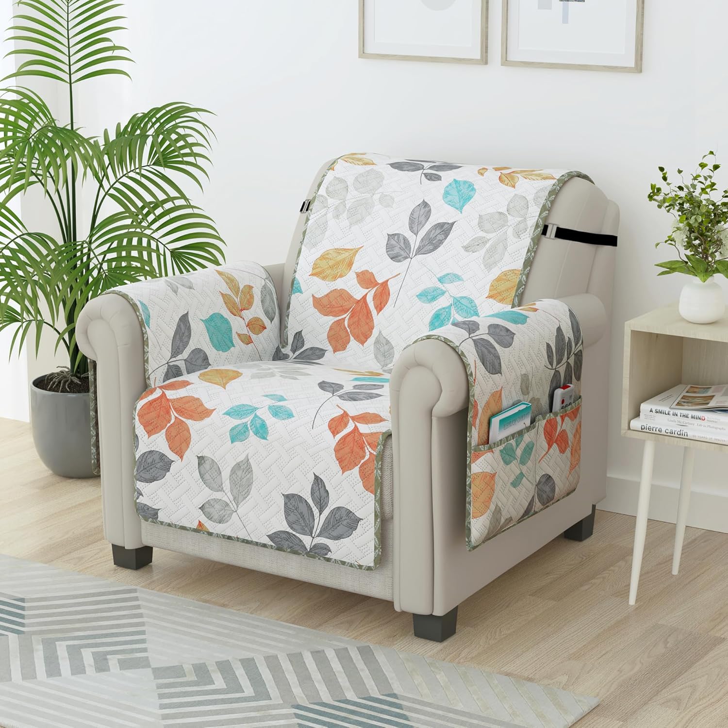 Story@Home Quilted Sofa Cover 1 Seater Fully Covered Stretchable Microfiber Reversible Sofa Cover 1 Seater 60 x 175 cm | White & Grey Leaf 1 Seater Sofa Cover for Living Room & Create Customized Set - Image 2