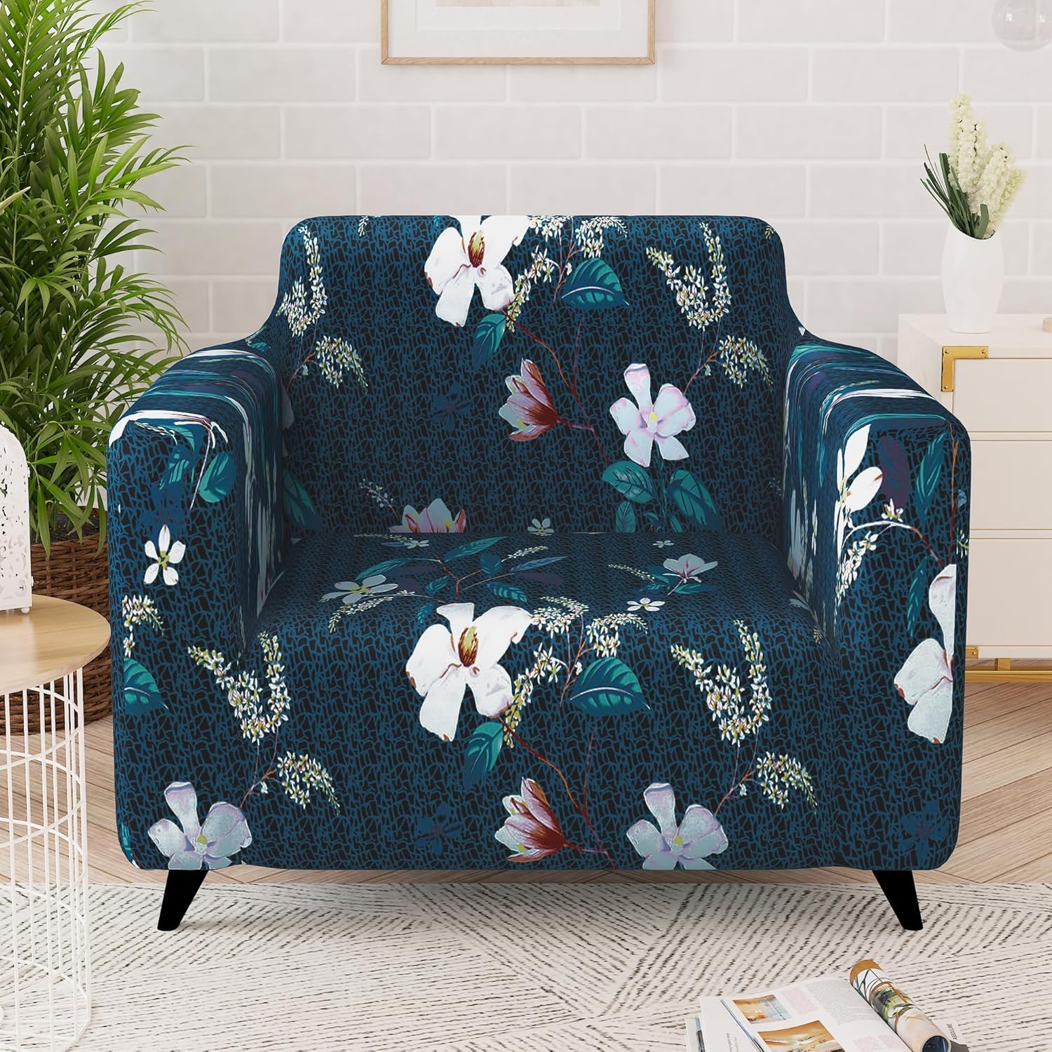 Story@Home Sofa Cover 1 Seater Fully Covered Stretchable Polyester Spandex Elastic Sofa Cover 1 Seater 90x140Cm | Navy Blue Floral 1 Seater Sofa Cover for Living Room & Create Your Own Customized Set - Image 2