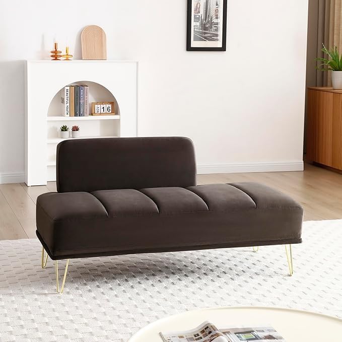 Symter 56.3" Inch Couch Upholstered Sofa Bed with Metal Golden Legs Rectangular Loveseat Sofa 2 Seater Sofa for Living Room Bedroom (Brown Velvet) - Image 2
