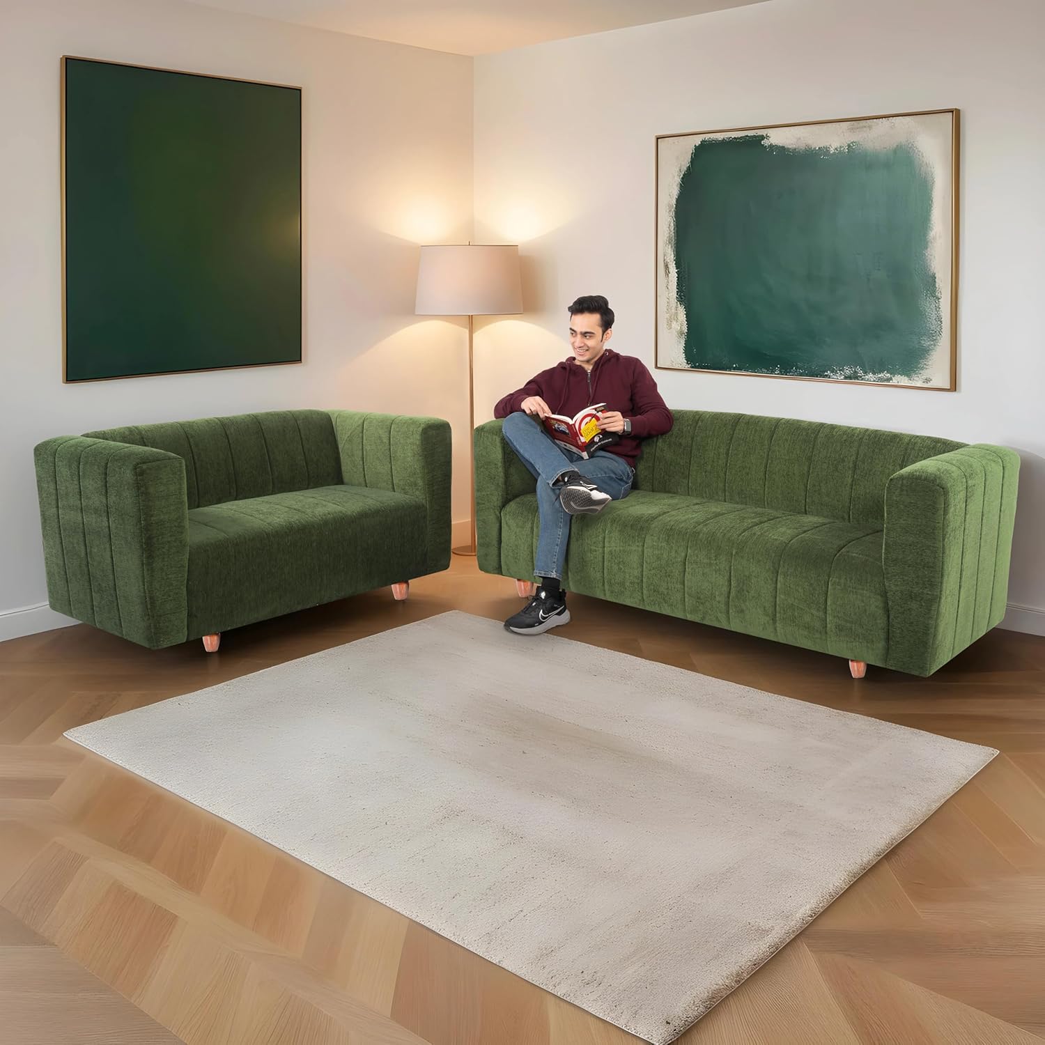 Tokyo 3+2 Seater Sofa Set | Luxury Comfort | Extra Spacious | Stylish Wooden Frame | Elegant Couch for Living Room, Lounge & Office | Premium Seating (Chenille Molfino - Green) - Image 2