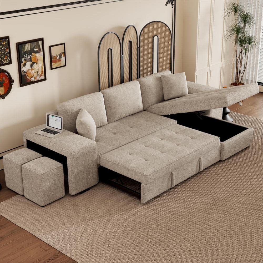 Torque Juana Cream 6 Seater L Shape Sofa Cum Bed with Storage 2 Puffy| Comfortable 6 Seater Sofa with Chaise Storage| Fabric Sofa Set for Living Room Furniture - Image 2
