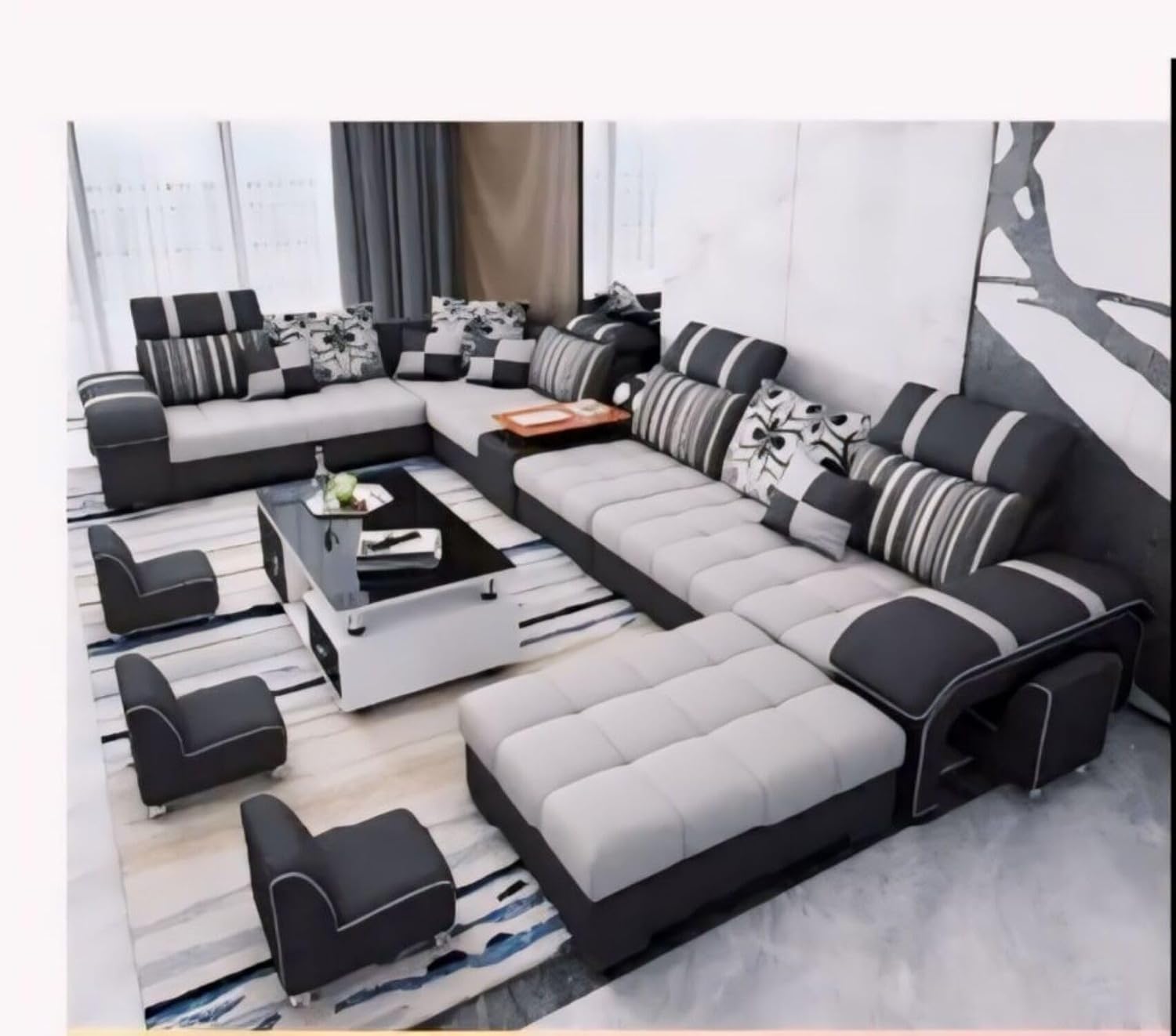 Torque Wood - Galster 12 Seater Sofa Set for Living Room (Right Side, Light Grey & Black) | U Shape Sectional Sofa Set with Cup Holder & Storage with 4 Puffy | 3 Years Warranty - Image 2