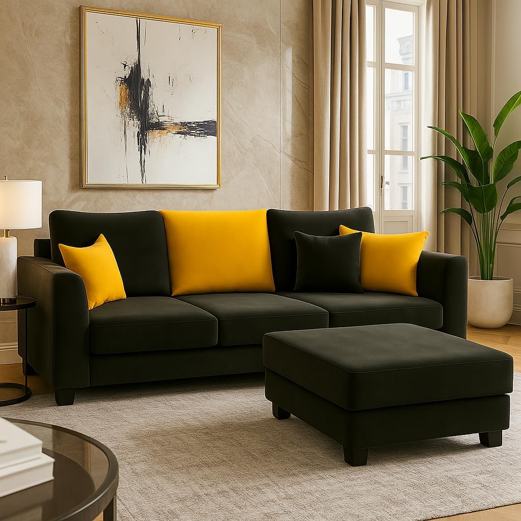 Trevano 3 Seater Modular L Shape Sofa Set with Ottoman | Soft Velvet Suede Fabric | Modern Design | Plush Comfort Cushions for Living Room (Black-Yellow) - Image 2