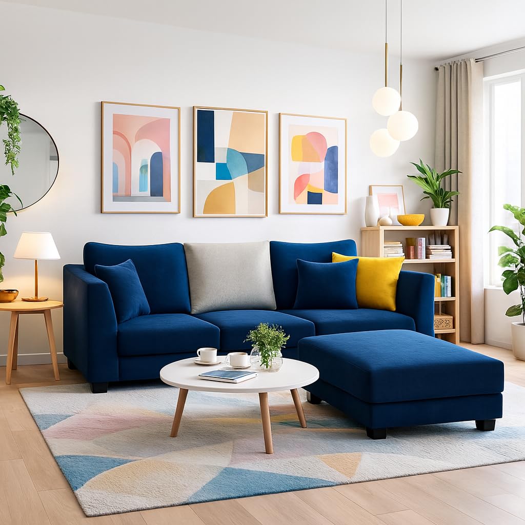 Trevano 3 Seater Modular L Shape Sofa Set with Ottoman | Soft Velvet Suede Fabric | Modern Design | Plush Comfort Cushions for Living Room (Dark Blue-Light Grey) - Image 2