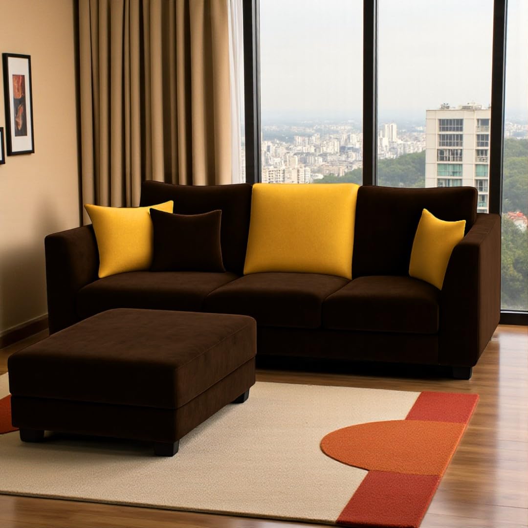Trevano 3 Seater Modular L Shape Sofa Set with Ottoman | Soft Velvet Suede Fabric | Modern Design | Plush Comfort Cushions for Living Room (Dark Brown-Yellow) - Image 2