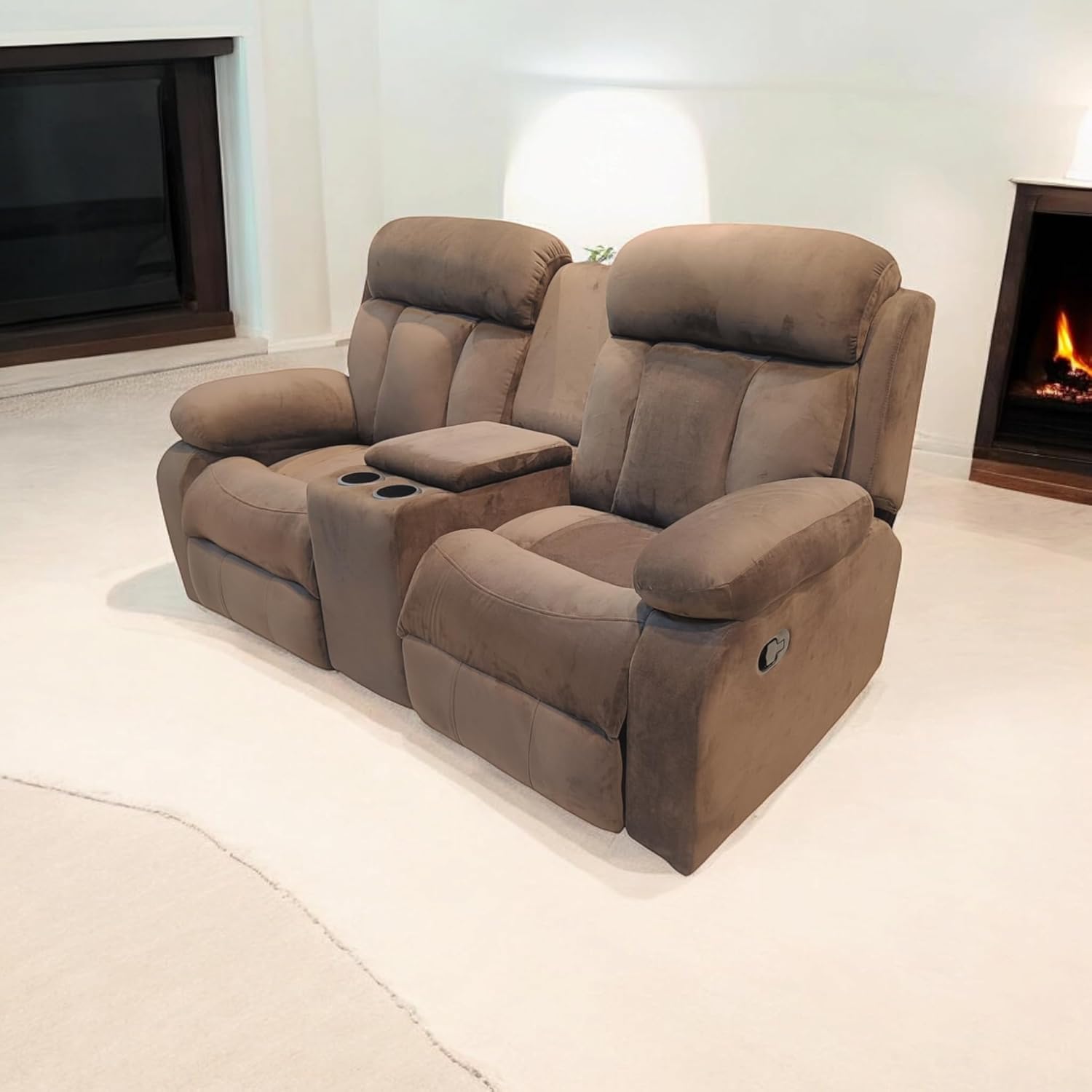Two-Seater Recliner Sofa | Brown Suede Velvet | Dual Manual Recliners with Plush Cushioning & Smooth Mechanism | Premium Reclining Sofa for Living Room & Home Theatre - Image 2