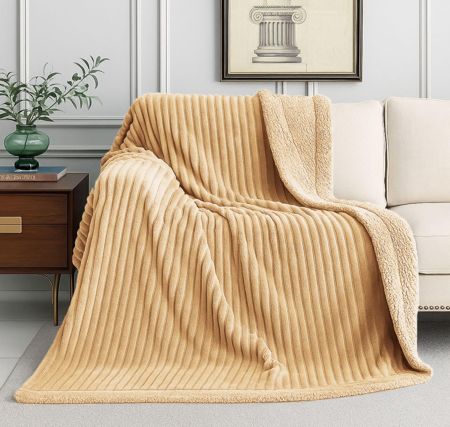 VAS COLLECTIONS Reversible Sherpa Fleece Throw Blanket Plush Flannel Throw, Ultra Soft Warm Ribbed Microfiber all season/ac blanket for Sofa Couch Bed, Luxury Thick Striped Blanket, Beige, 220x230 CM, - Image 2