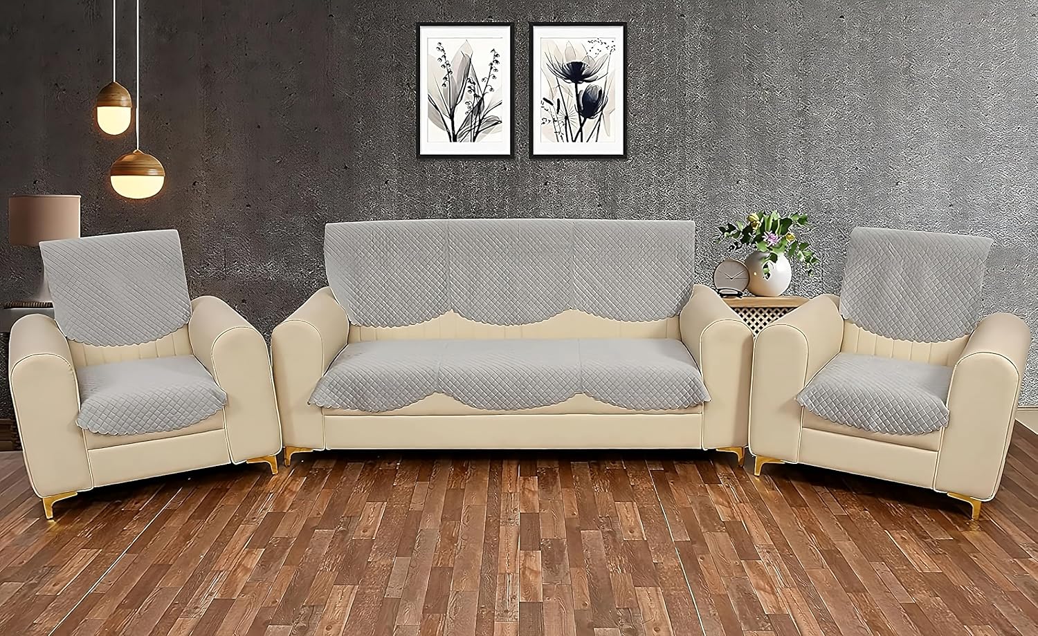 Velvet Self Design Quilted Sofa Chair Cover 5 Seater Light Grey - Image 2