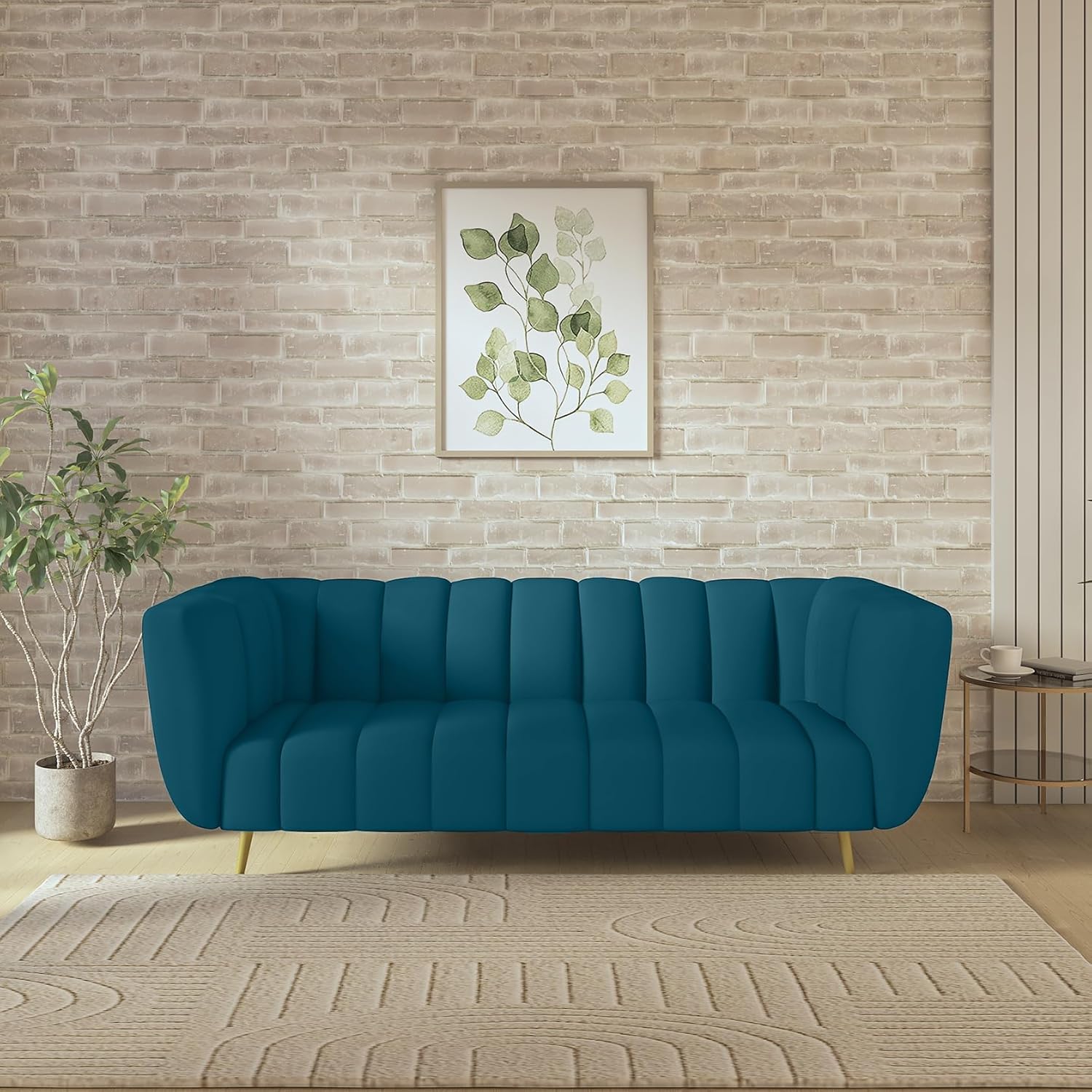 Wakeup India Mushy Premium Fabric Sofa Set | Pocket Spring Cushion 3 Seater Sofa | Padded Cushioned Armrest | Metal Leg with Golden Polish (Peacock Blue, Seating-3) | 3 Years Warranty, 3-Person Sofa - Image 2