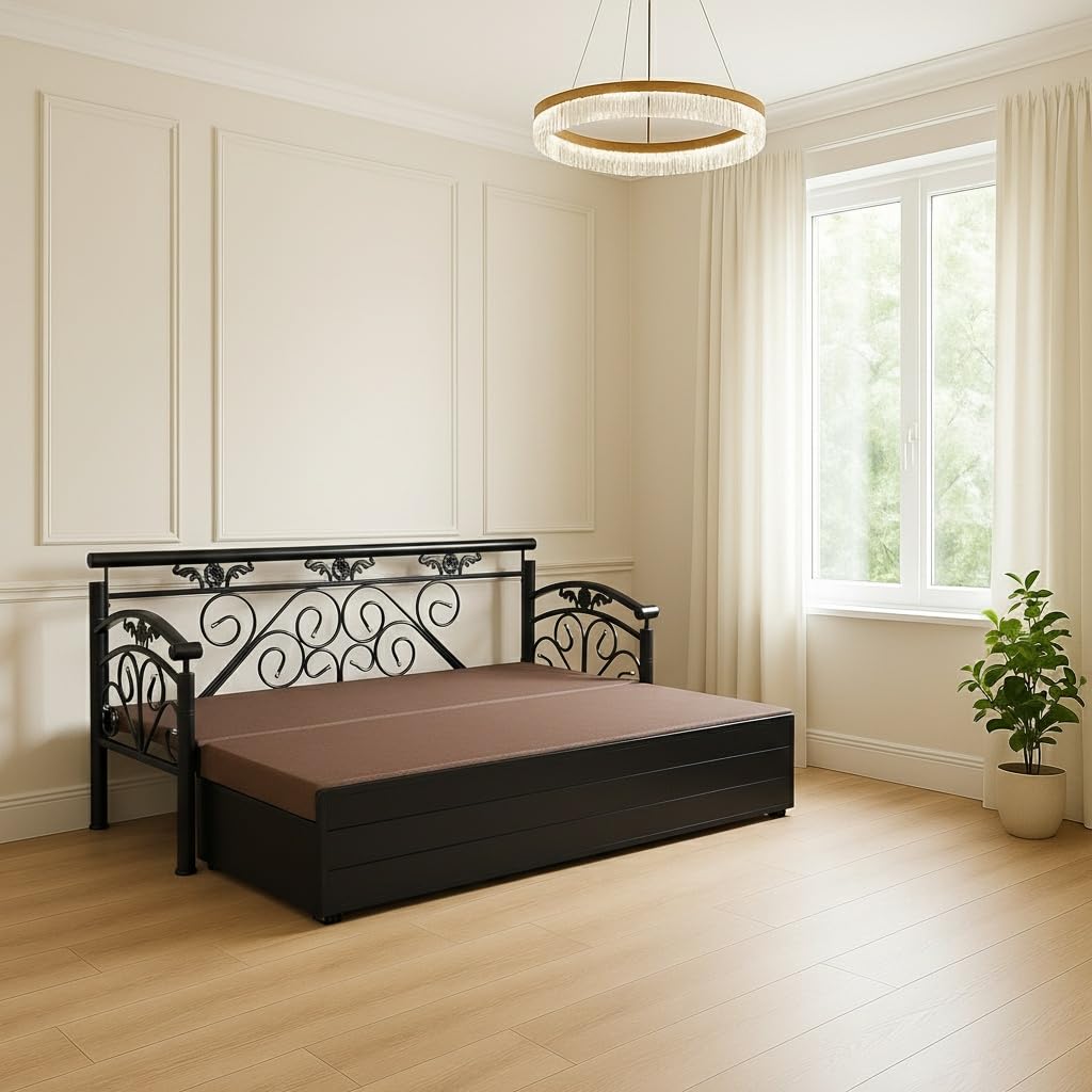 Wiki 3 Seater Metal Sofa Cum Bed with Hydraulic Storage | Single Size Sofa Cuma Bed with Cushion| 3 Seater Sofa Set, Metal Sofa Set for Living Room (Brown with Black Finish) - Image 2