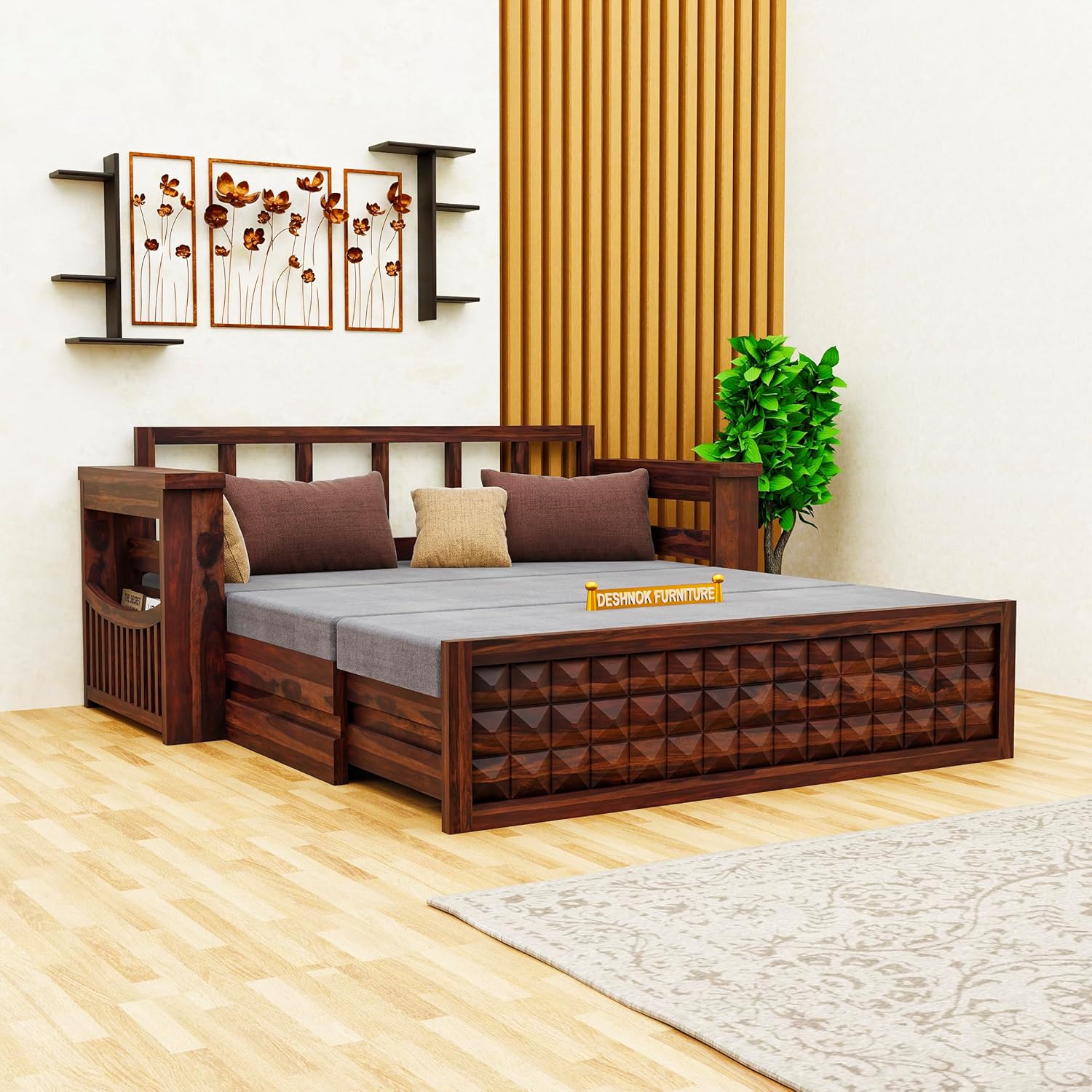 Wooden Sofa Cum Bed with Storage | Sheesham Wood Convertible Bed | Wooden Diwan Sofa Bed with Storage | Living Room Furniture for Modern Homes (Walnut Finish) - Image 2