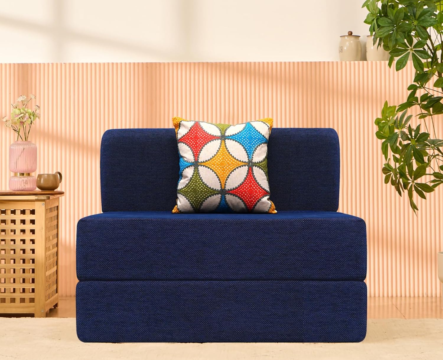 uberlyfe 1 Seater Sofa Cum Bed | 1 Year Warranty | Single Mattress, Foldable Sofacum Bed | 15" Sofa Height | 1 Cushion Jharokha Pattern | Chennille Fabric, Dotted Blue | 3' X 6' Feet - Image 2