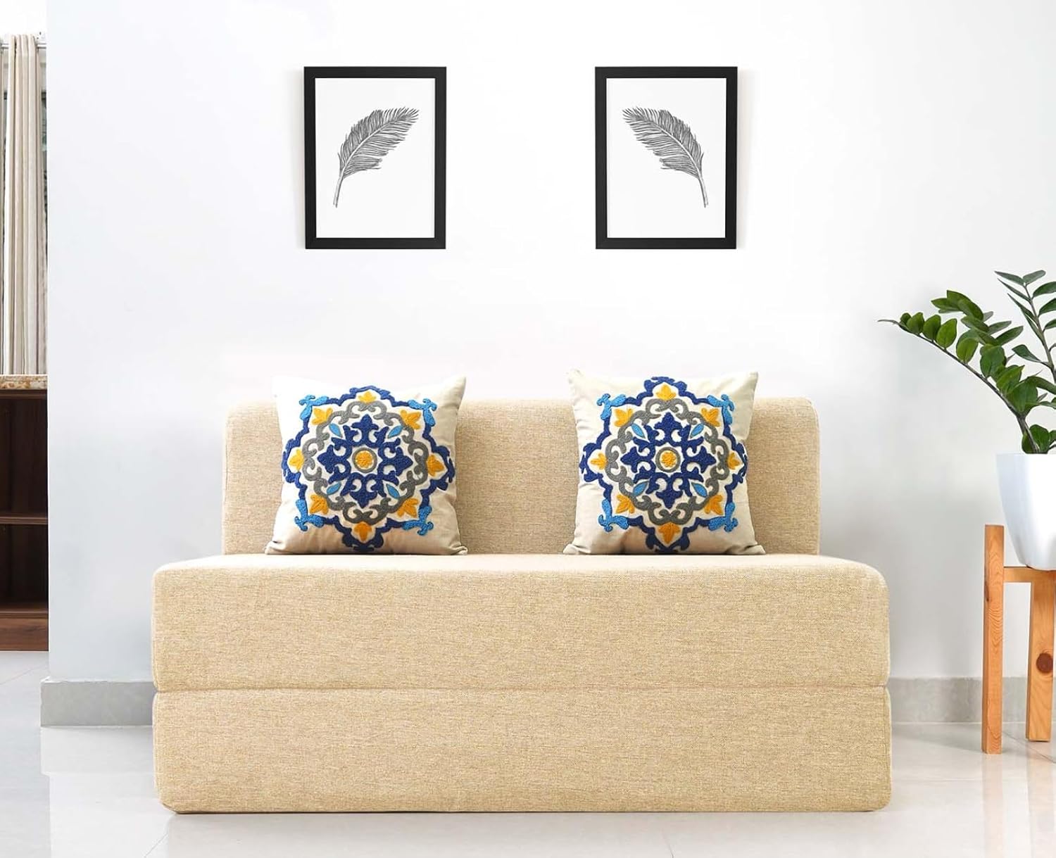 uberlyfe 2 Seater Sofa Cum Bed | Jute Fabric Washable Cover | 2 Cushions Blue Medallion Pattern | Beige | 4' X 6' Feet - Image 2