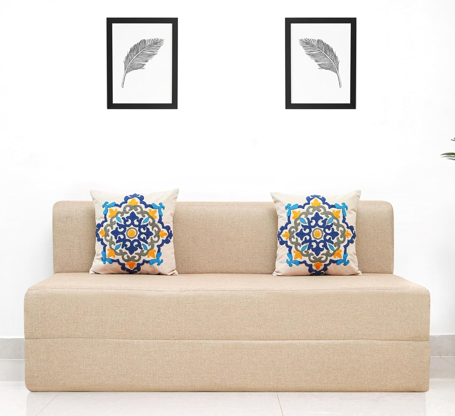 uberlyfe 3 Seater Sofa Cum Bed | Jute Fabric Washable Cover | 2 Cushions Blue Medallion Pattern | Beige | 5' X 6' Feet - Image 2