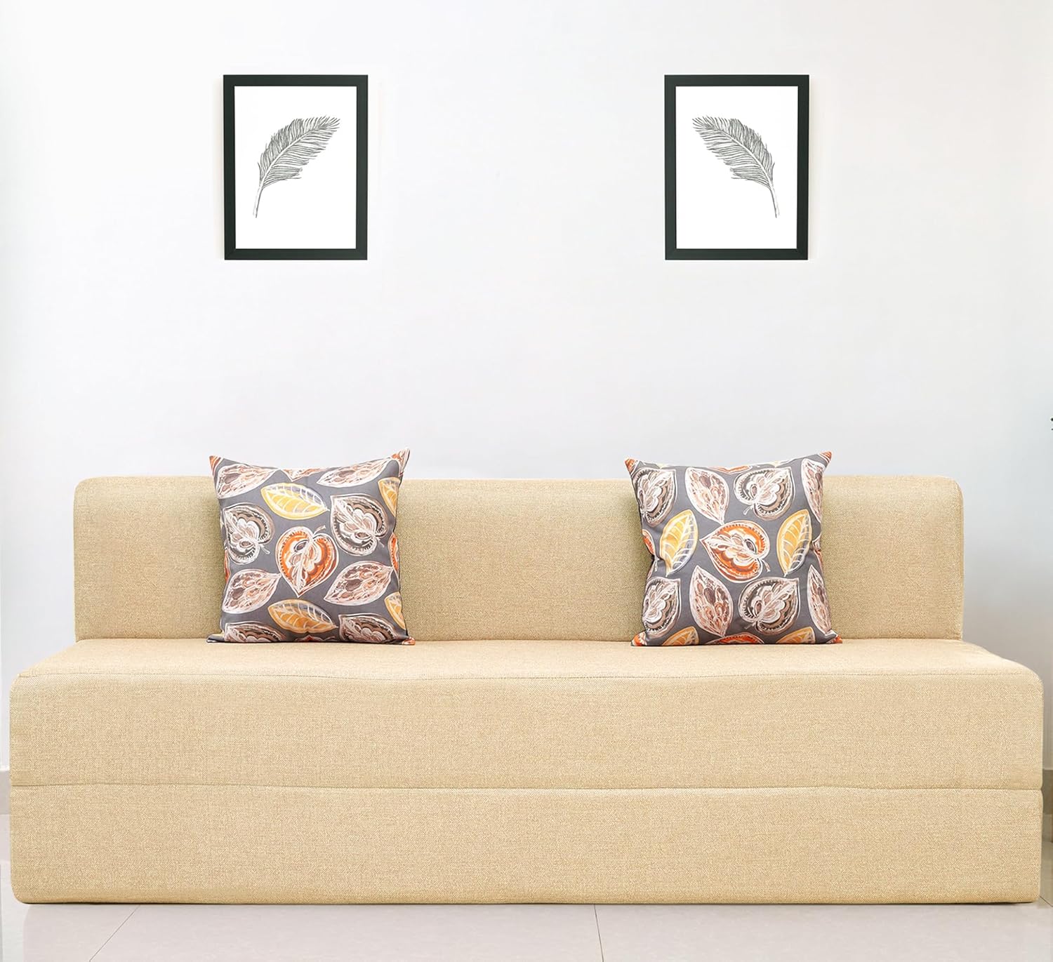 uberlyfe 3 Seater Sofa Cum Bed | Jute Fabric Washable Cover | 2 Cushions Fall Leaves Pattern | Beige | 6' X 6' Feet - Image 2