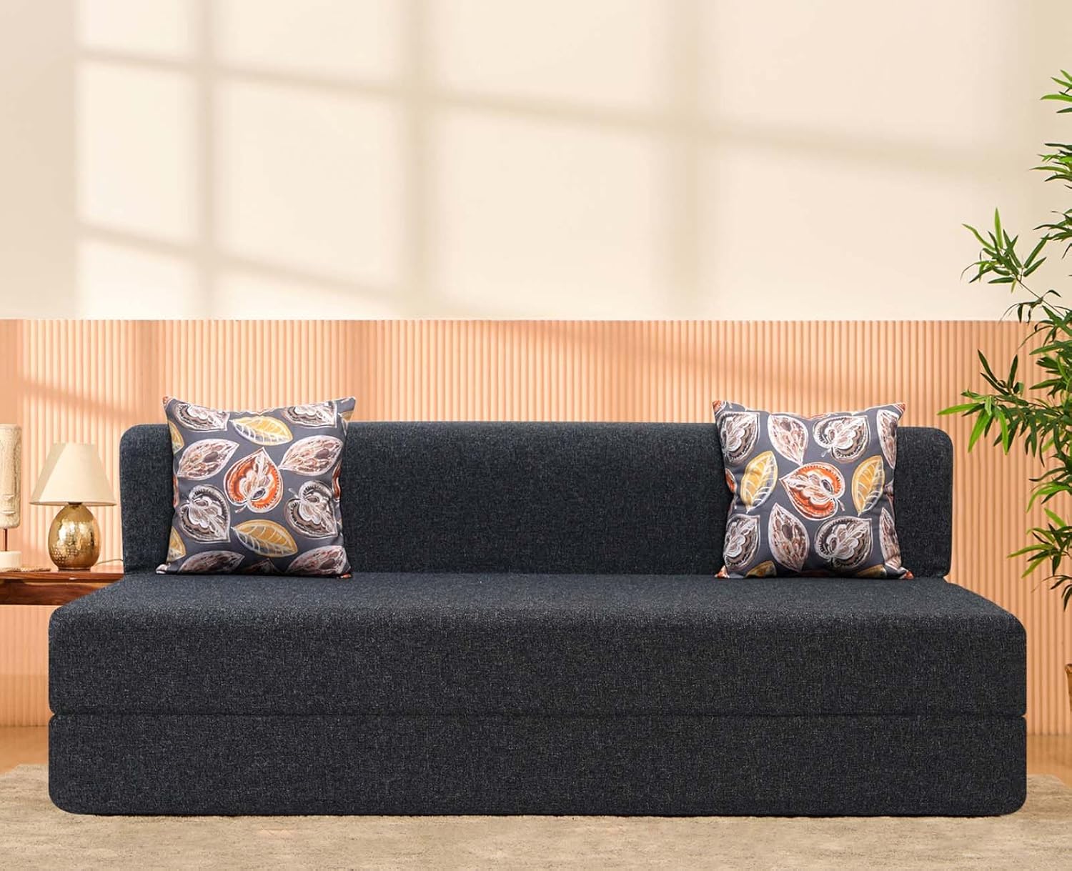 uberlyfe 3 Seater Sofa Cum Bed | Jute Fabric Washable Cover | 2 Cushions Fall Leaves Pattern | Dark Grey | 6' X 6' Feet - Image 2