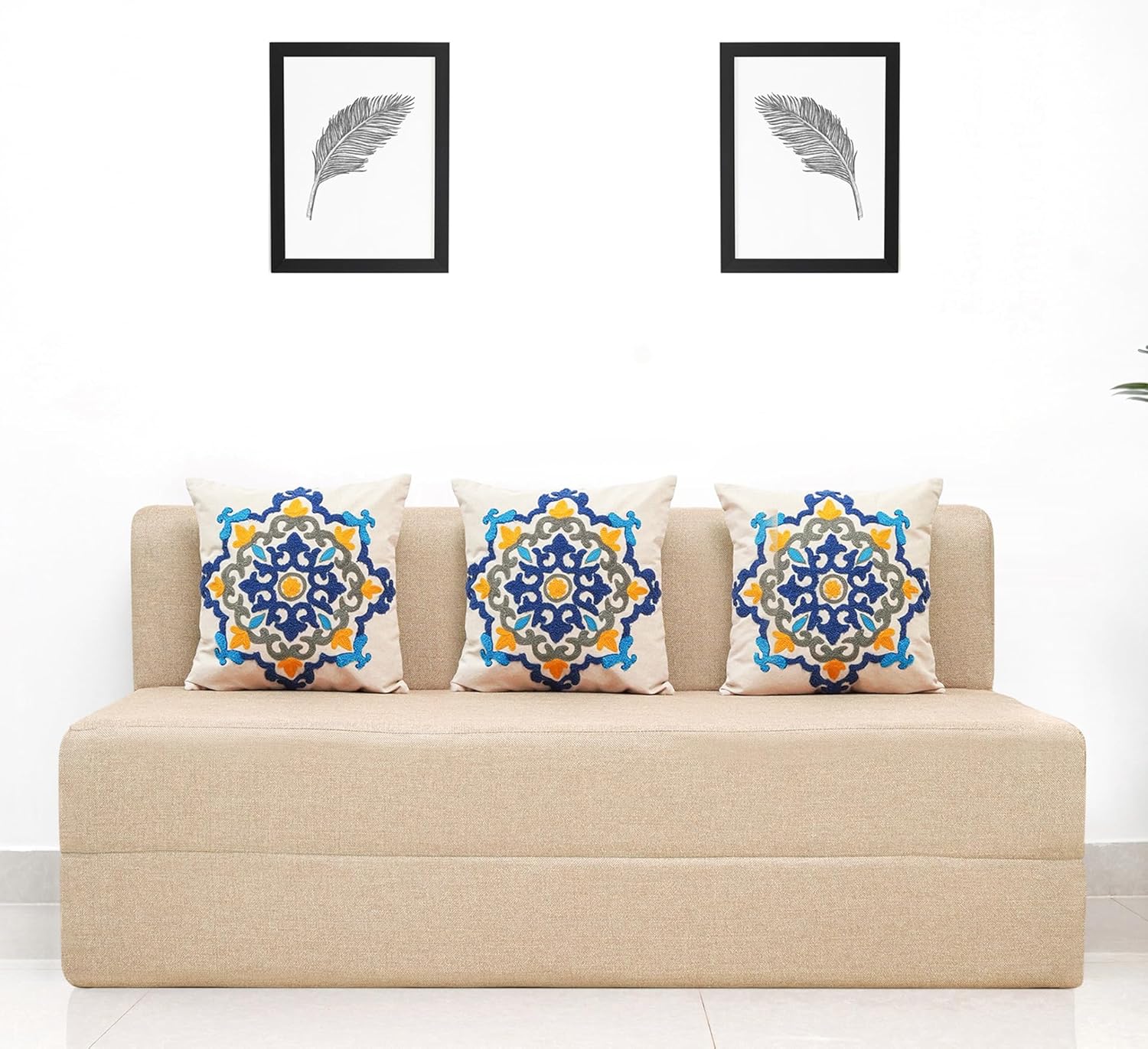 uberlyfe 3 Seater Sofa Cum Bed | Jute Fabric Washable Cover | 3 Cushions Blue Medallion Pattern | Beige | 5' X 6' Feet - Image 2