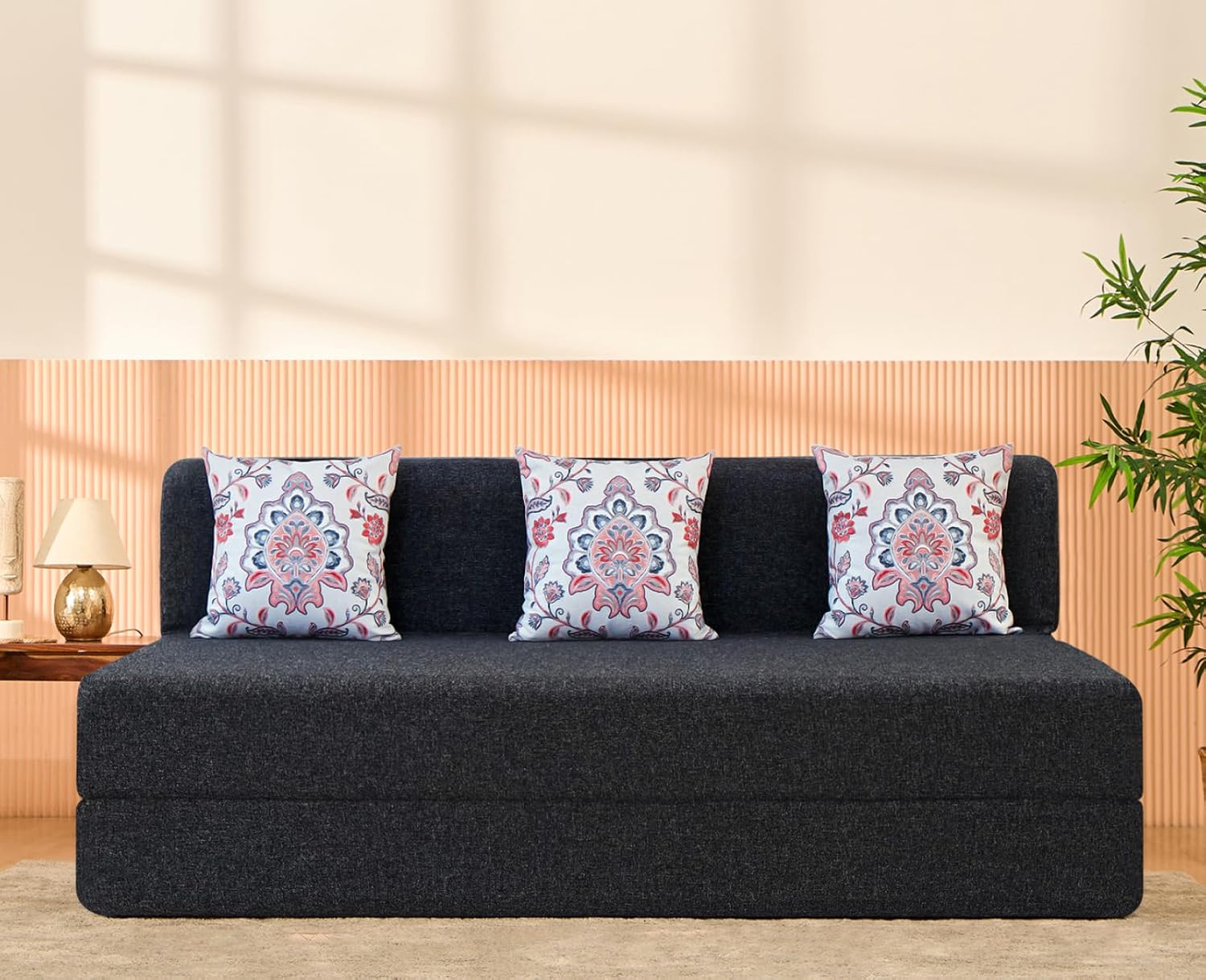 uberlyfe 3 Seater Sofa Cum Bed | Jute Fabric Washable Cover | 3 Cushions Pink Morpankh Pattern | Dark Grey | 6' X 6' Feet - Image 2