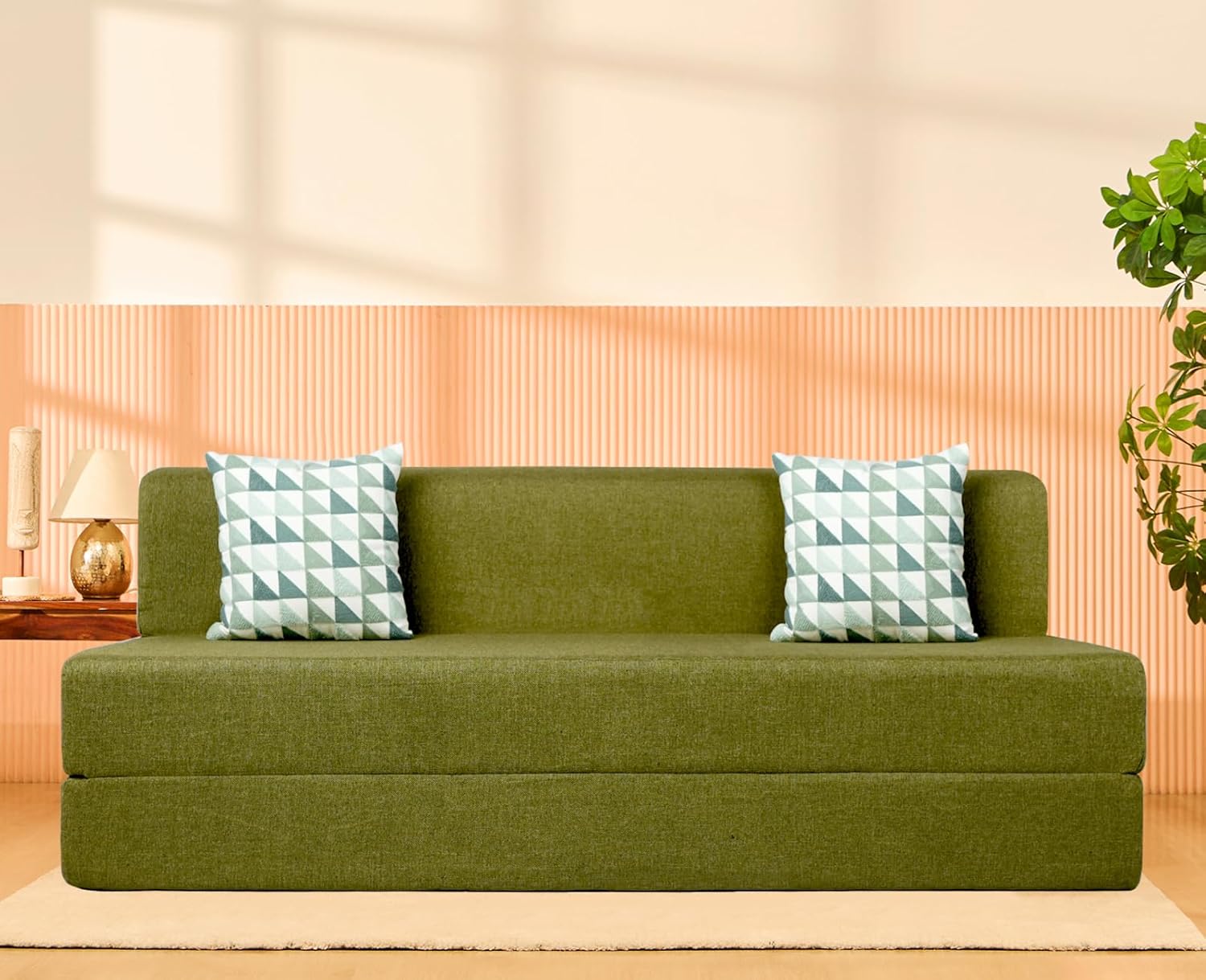 uberlyfe Basics 3 Seater Sofa Cum Bed | Jute Fabric Washable Cover | 2 Cushions Green Triangle Pattern | Olive Green | 6' X 6' Feet - Image 2