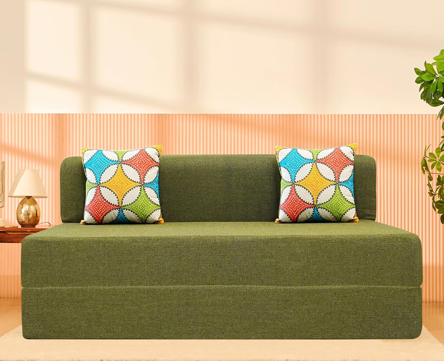 uberlyfe Basics 3 Seater Sofa Cum Bed | Jute Fabric Washable Cover | 2 Cushions Jharokha Pattern | Olive Green | 5' X 6' Feet - Image 2