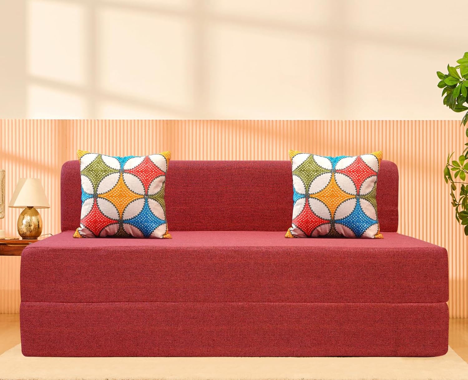 uberlyfe Basics 3 Seater Sofa Cum Bed | Jute Fabric Washable Cover | 2 Cushions Jharokha Pattern | Primrose Red | 5' X 6' Feet - Image 2