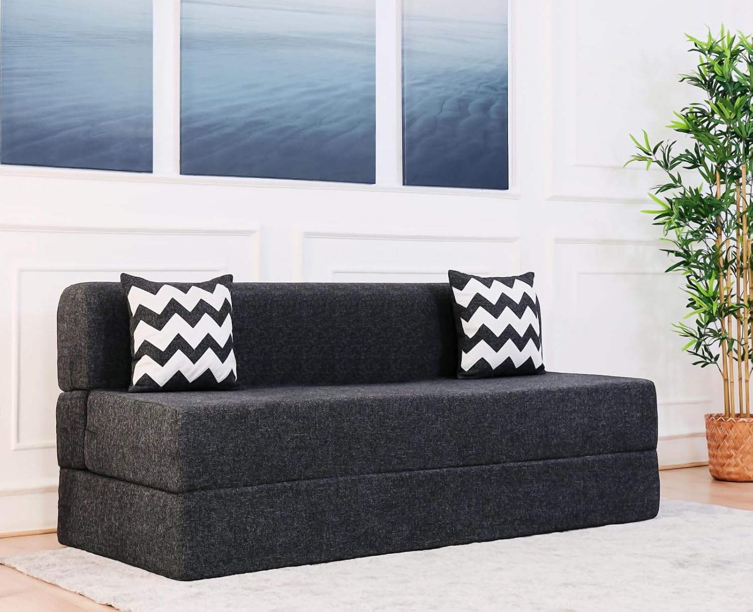 uberlyfe Xtra Long 4-Seater Sofa Cum Bed | 1-Year Warranty | King Mattress, Sofacum Bed for Tall People | 15" Sofa Height |2 Zigzag Pattern Cushions | Jute Finish Fabric, Dark Grey | 6' X 6.5' Feet - Image 2