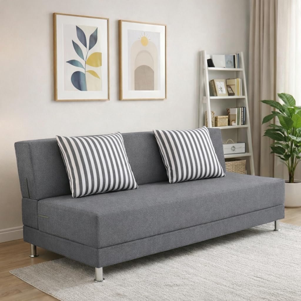 Adorn India Wood Easy Alyn Plus Stripes 3 Seater Sofa Cum Bed (5X6, Grey) (1 Year Warranty)